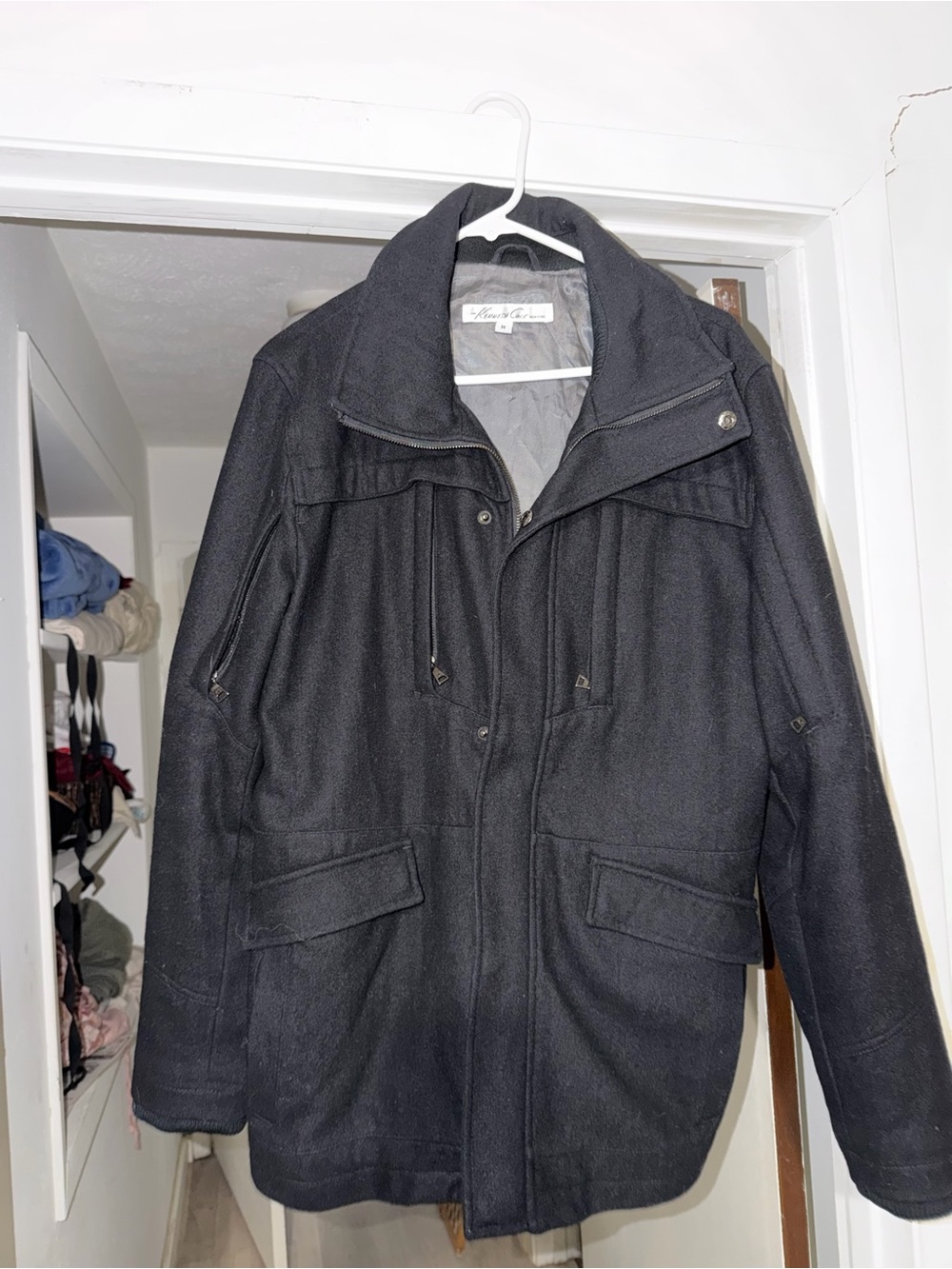 Kenneth Cole New York Black Wool Pea Coat with High Collar
